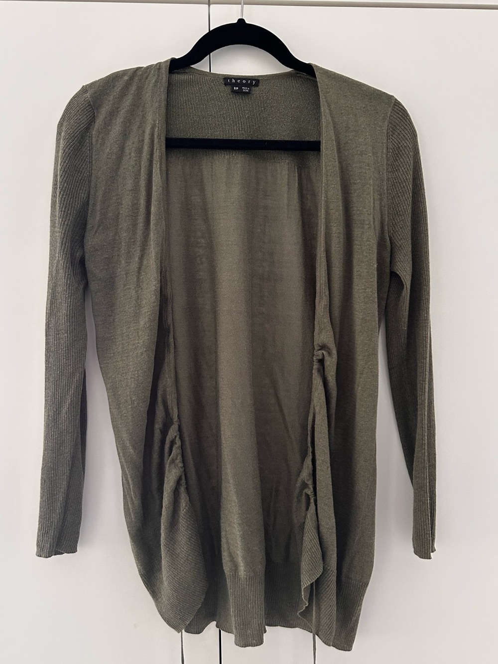 Theory Olive Green Open-Front Long Cardigan